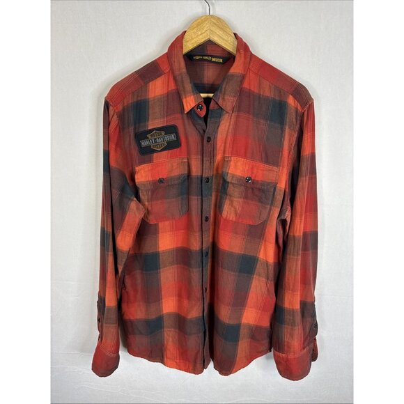 Harley-Davidson Other - Harley-Davidson Plaid Flannel Shirt Men Large Orange Black Patch Spell Out